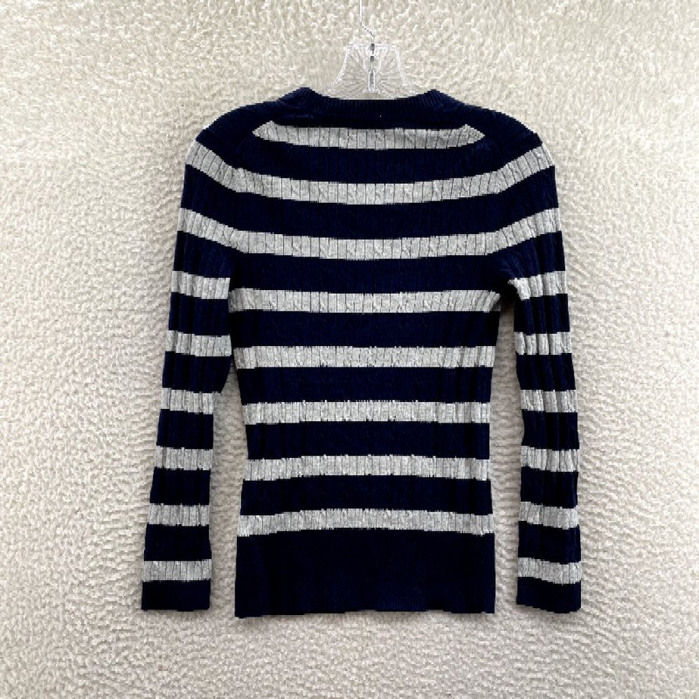 Tommy Hilfiger Navy Blue Grey Striped Cable Knit V-Neck Sweater Womens M Medium - Picture 2 of 9